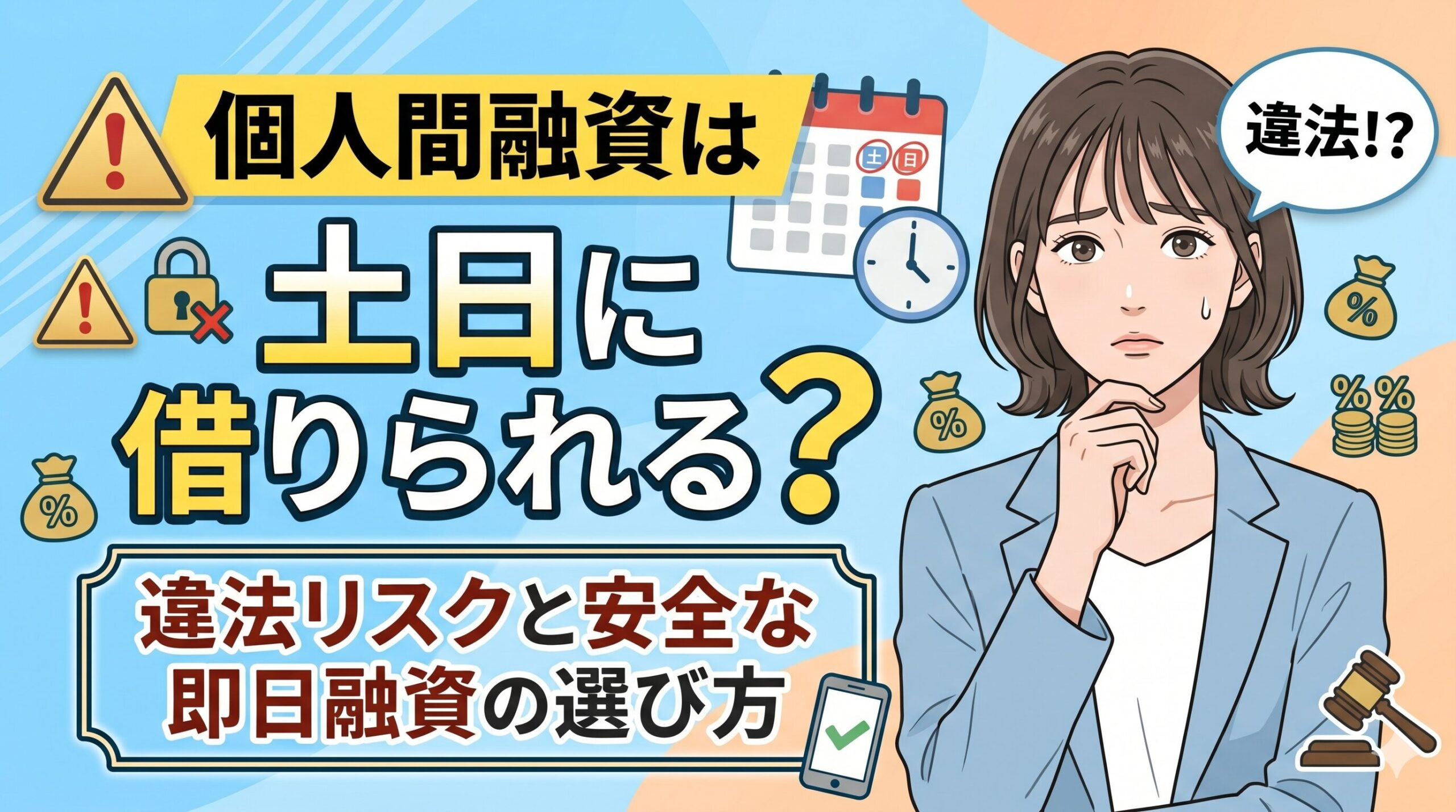 個人間融資は土日に借りられる？違法リスクと安全な即日融資の選び方